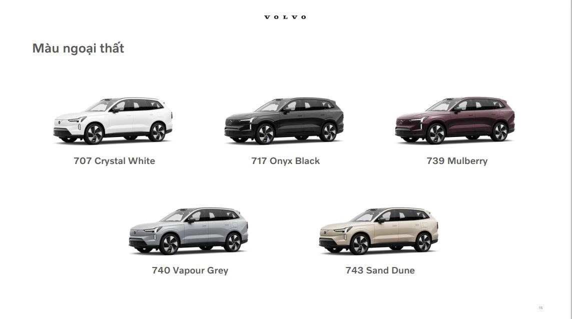 Volvo EX90 có 5 màu ngoại thất: Trắng, đen, đỏ, xám, vàng cát.